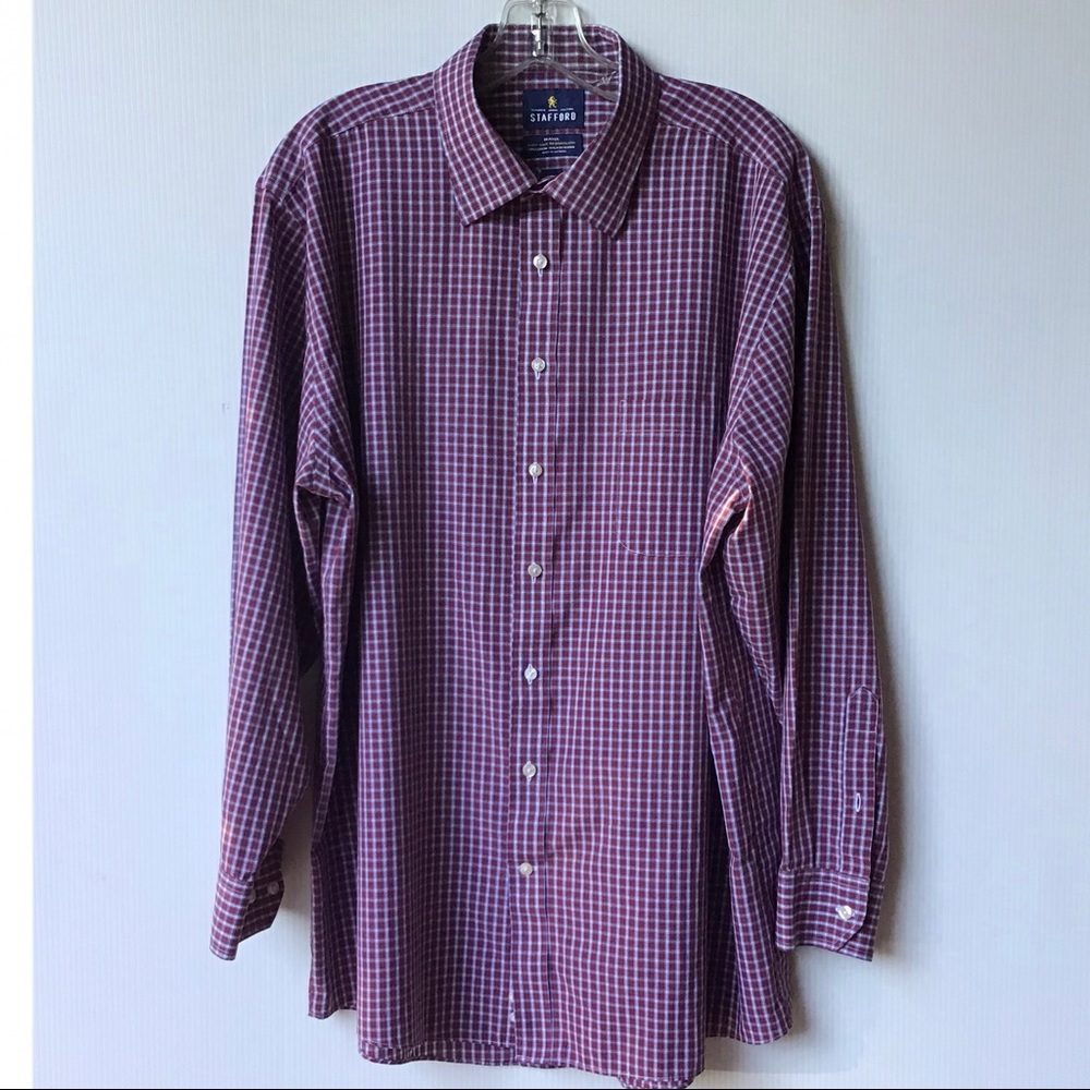 Stafford Men's Maroon Checked Long Sleeve Button Down Shirt Size 17.5.  (34-35)